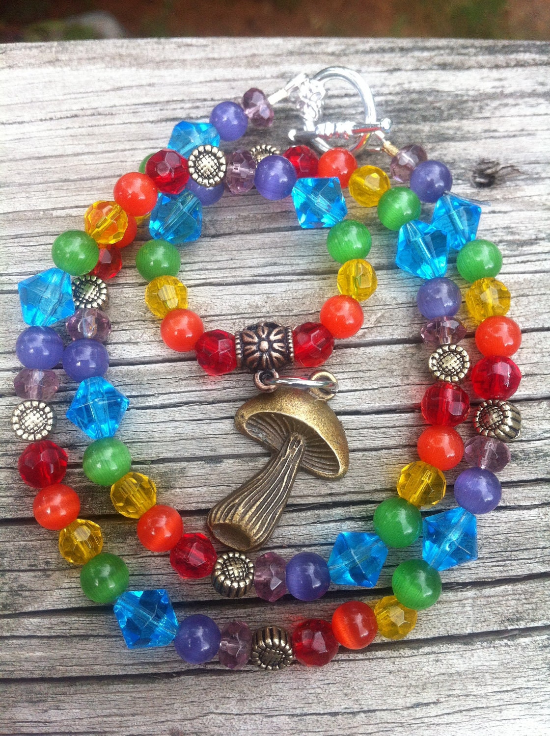 Mushroom Necklace, Chakra Necklace, Rainbow Necklace, Mushroom Pendant with matching Spiral Earrings