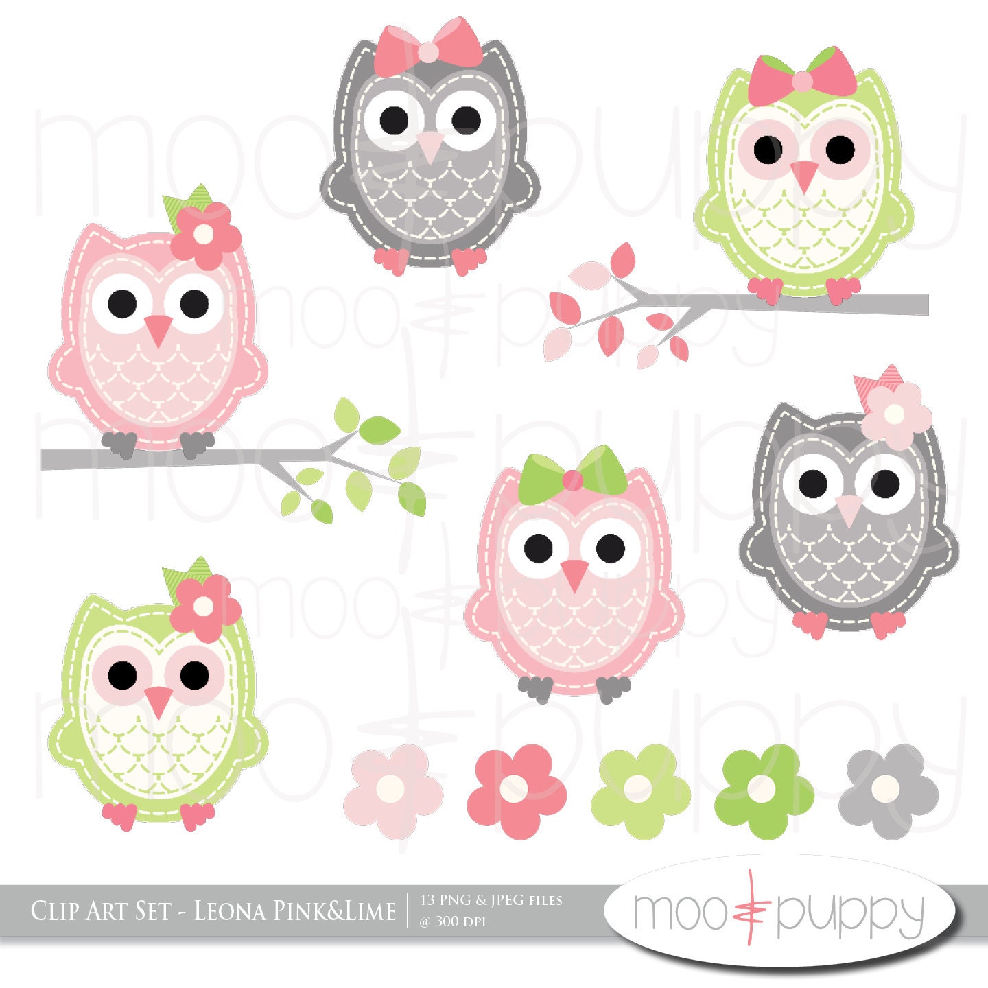 Owl Clip Art - Leona Pink&Lime -- INSTANT DOWNLOAD