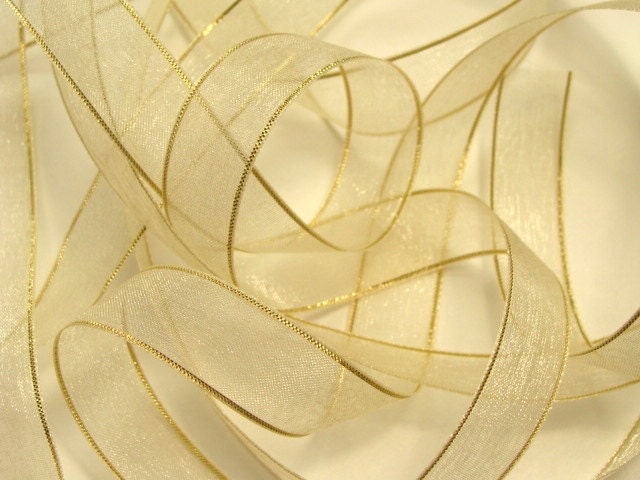 Organza Ribbon - 25 yard Spool of  5/8" - Ivory with a Gold Edge