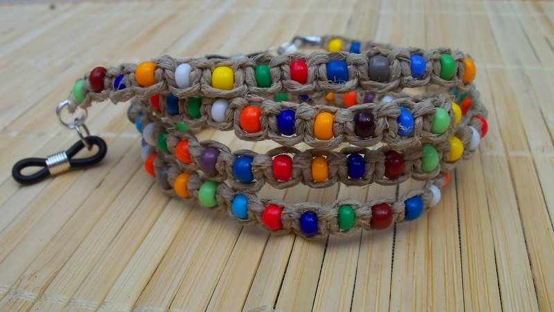 Hemp and Bead Eyeglass Chain, Macrame, rainbow hues