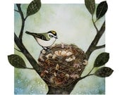 Bird Nest no. 26 Golden-crowned Kinglet with Eggs Watercolor and Found Object Art Print