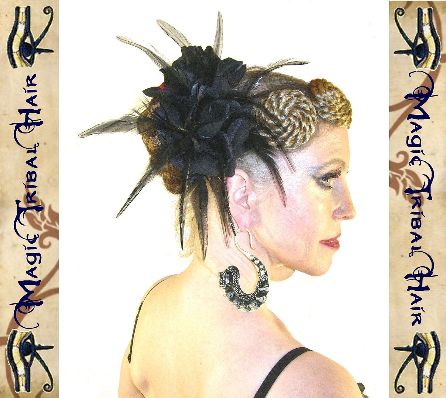 GOTH belly dance HAIR FLOWER "black rose" Fascinator with black feathers Fantasy headpiece fairy Burlesque pinup Steampunk hair jewelry