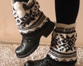Hand Knit Snowflake Winter Boot Covers with White Pom Poms