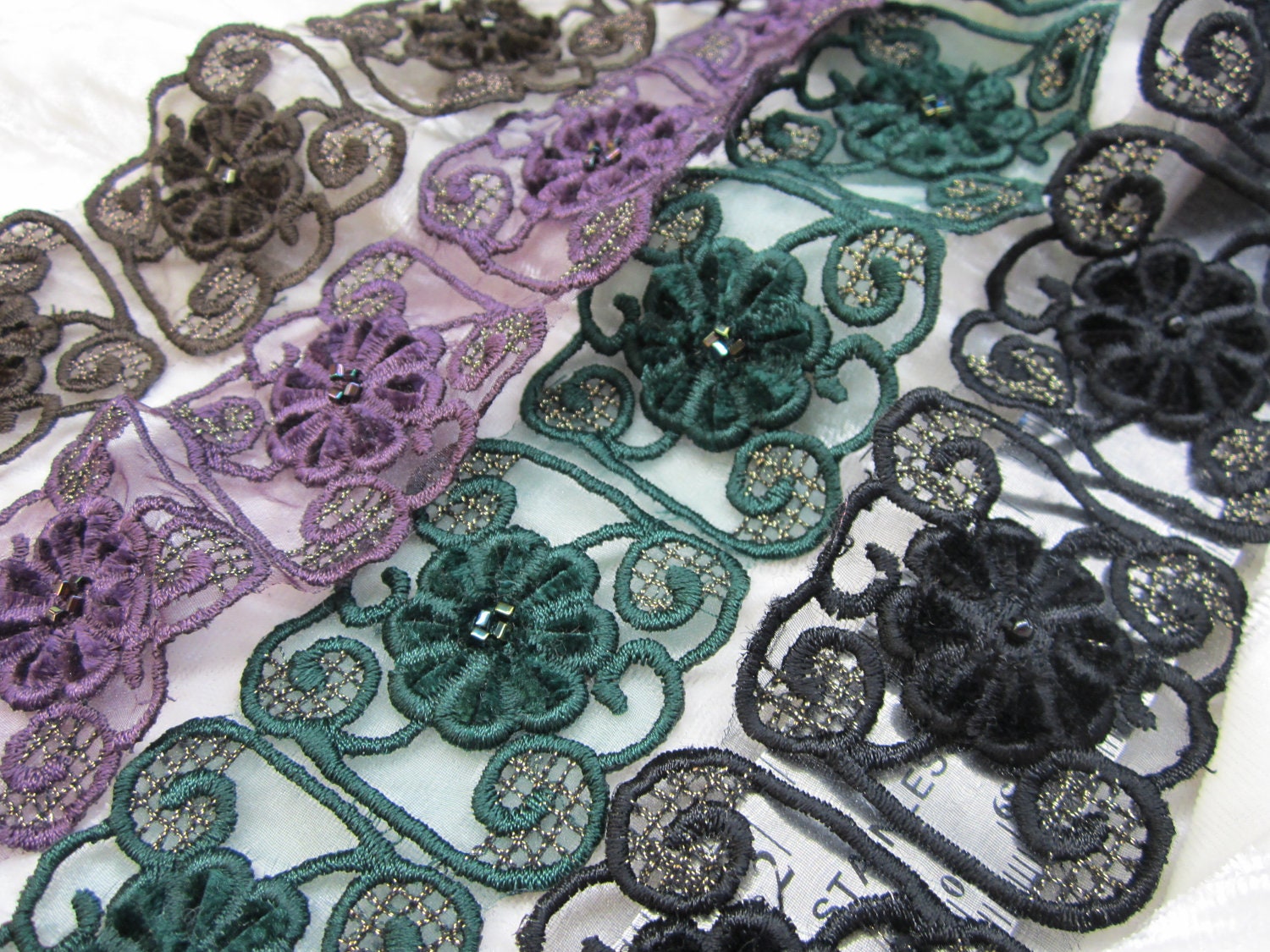 shear beaded applique trim 1/2 yd - 4 colors - costume altered couture crotchet knitting costume supply by Catherine Cole Studio