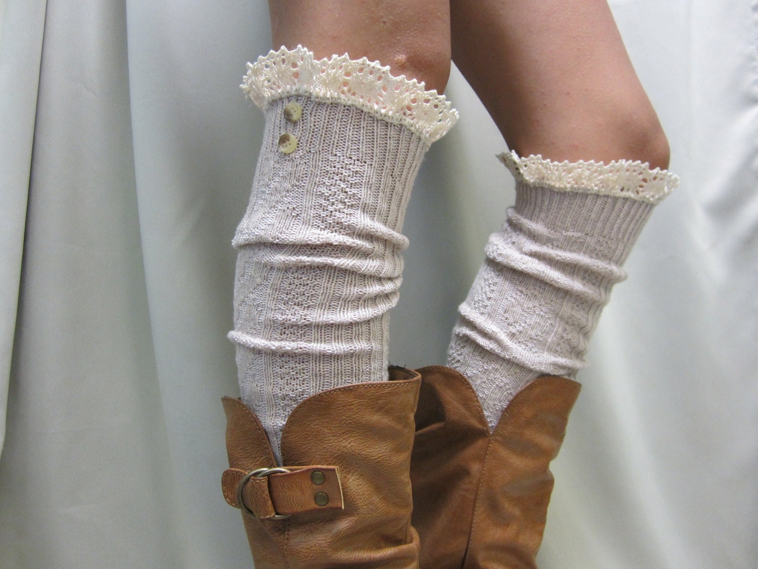 Swiss  LACE BOOT SOCKS Tan / European styling for  tall boots -  over knee cable knit  womens Catherine Cole Studio / made in usa