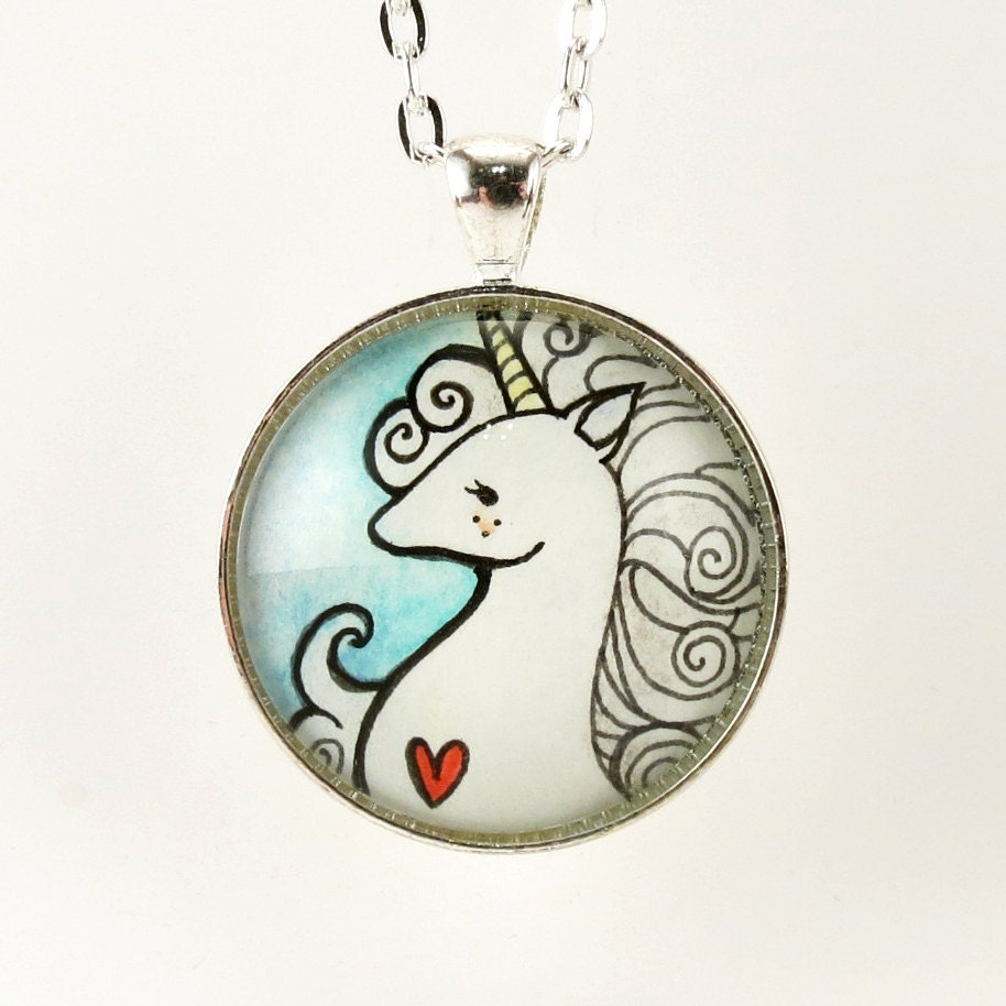 Blue Unicorn Necklace, Hand Painted Art Pendant, Fantasy Jewelry
