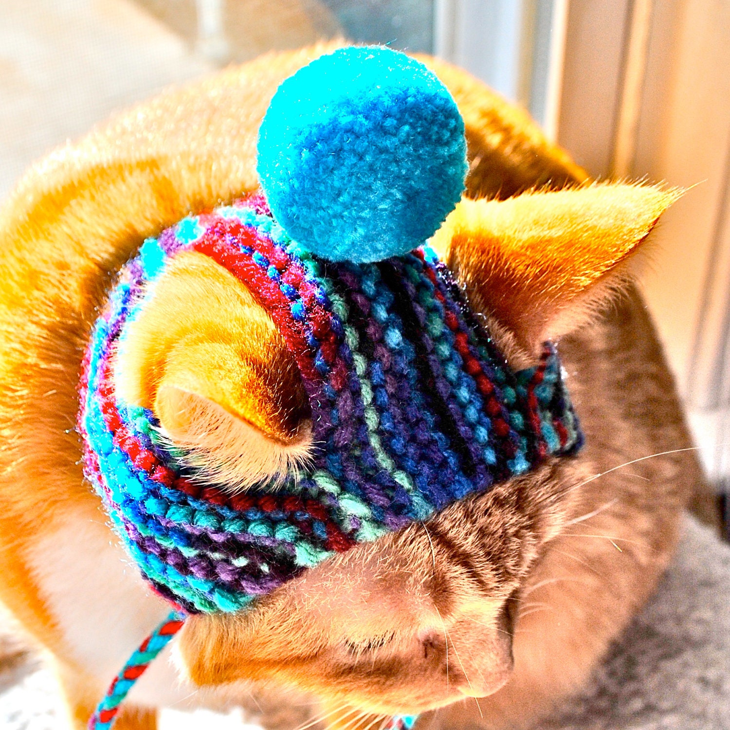 Pom Pom Cat Hat - Tie-Dye and Teal