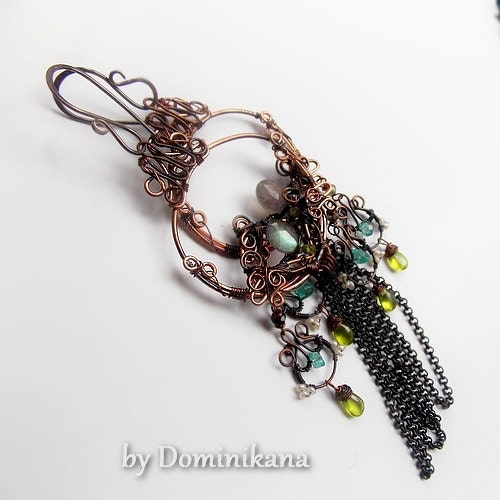 DRIAD, long earrings, vesuvianite, labradorite, tourmaline, apatite, pearls, silver hooks