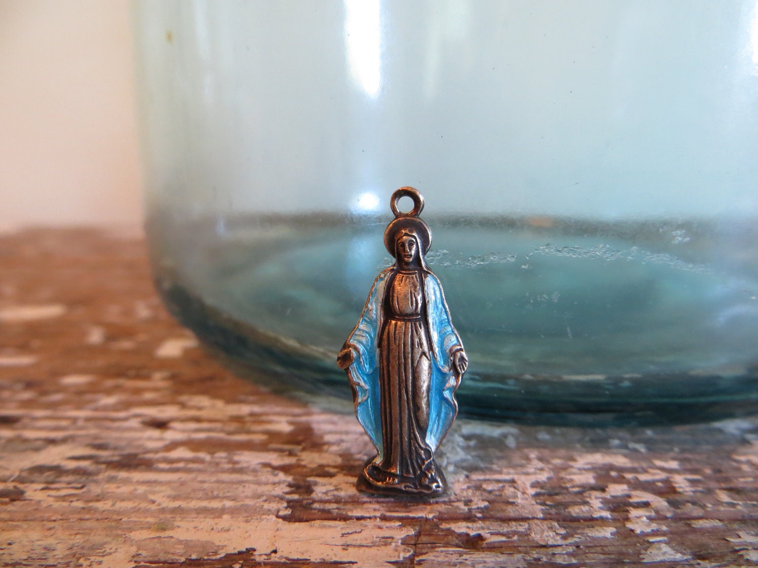 Vintage Sterling Mary Pendant Blue and Sterling Mother Mary Medallion Religious Pendant