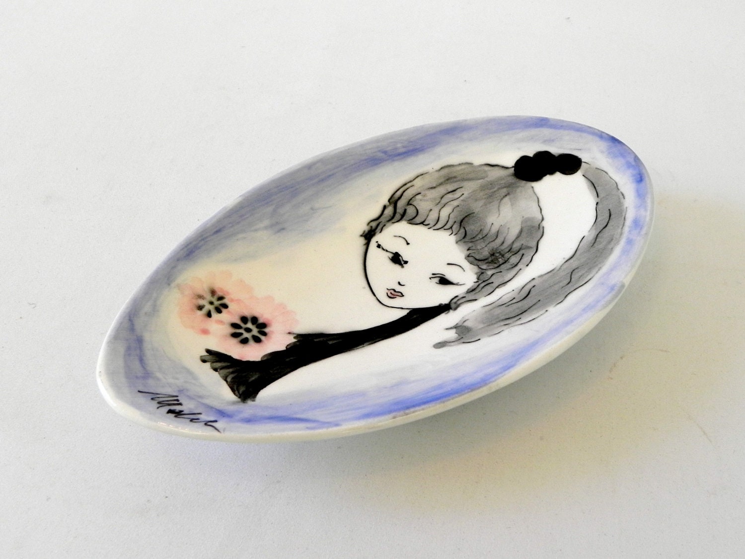 mid century ceramic dish featuring girl with ponytail // made in italy // vintage italian dish