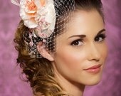 Ready to Ship, Peach and Pink Veil Hat, Bridal Mini Hat, Spring Fascinator, Cocktail Hat, Derby Hat, Birdcage Veil - MAXINE