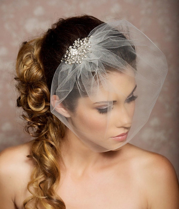 Rhinestone Veil, Crystal Veil, Wedding Veil, Rhinestone Comb, Blusher Veil, Tulle Veil, Bridal Veil - Made to Order - SYLVIA