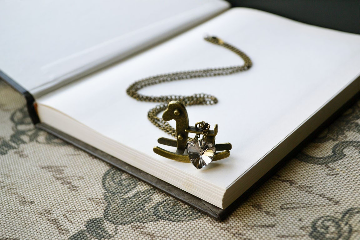Bronze Rocking Horse Gray Glass Heart Necklace - SALE
