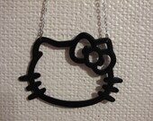hello kitty face head outline bow pendant large necklace black outline  oversized hello kitty sanrio silver chain 18 inch chain glazed