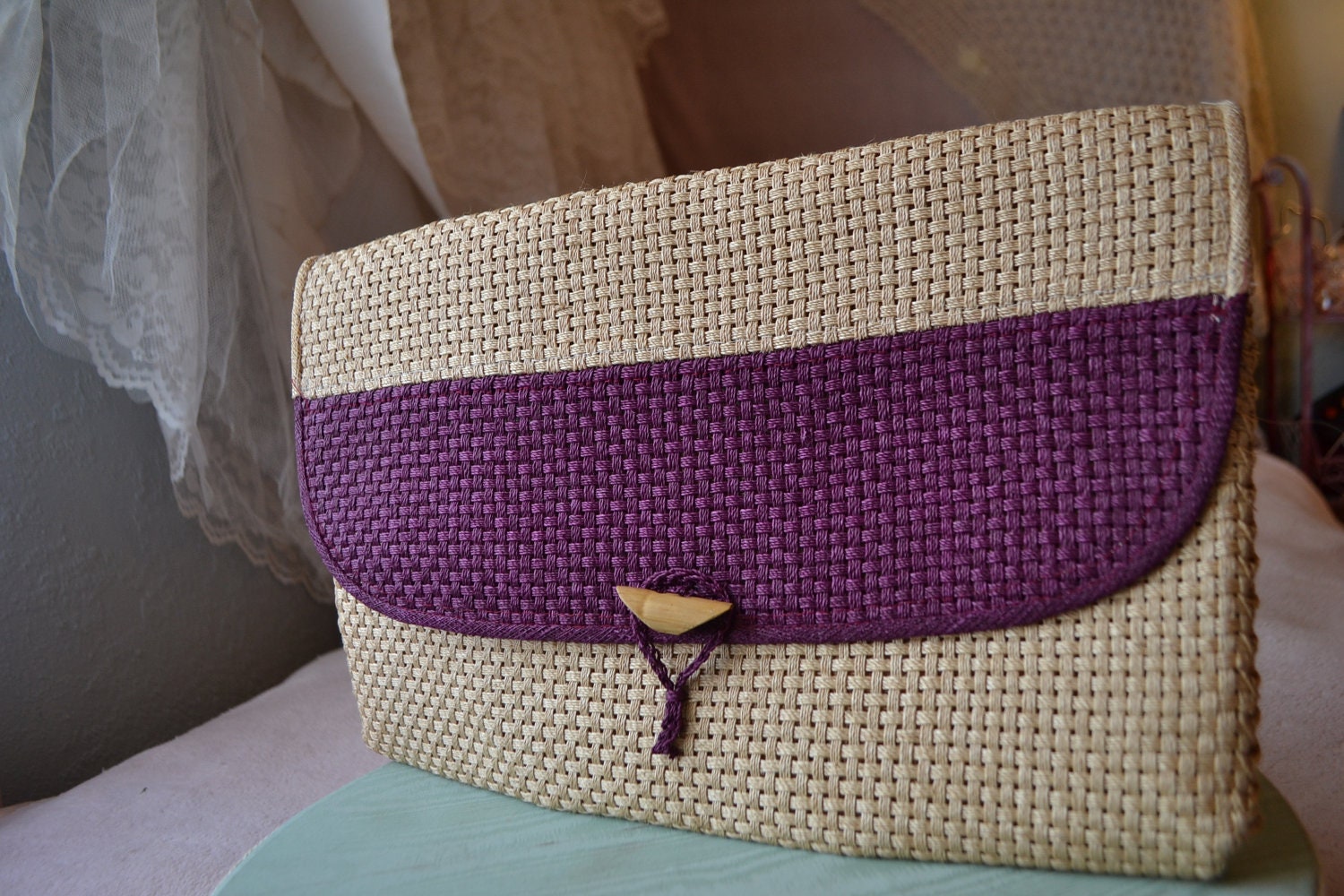Vintage 70s Oversized Manila & Plum Color Block Handbag