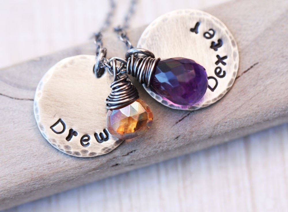 Mothers Necklace, Hand Stamped Necklace, Mommy Necklace, Personalized Gemstone Necklace, Mothers Necklace