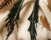 dark green leather earrings, extra long earrings, leather feather earrings
