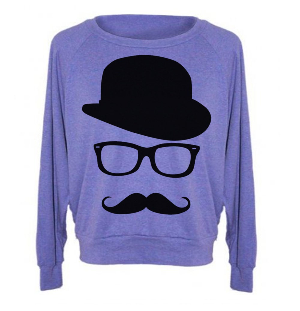 Womens Sweatshirt MUSTACHE Hat Wayfarer Tri-Blend Raglan Pullover - American Apparel Sweater - S M and L (8 Color Options)