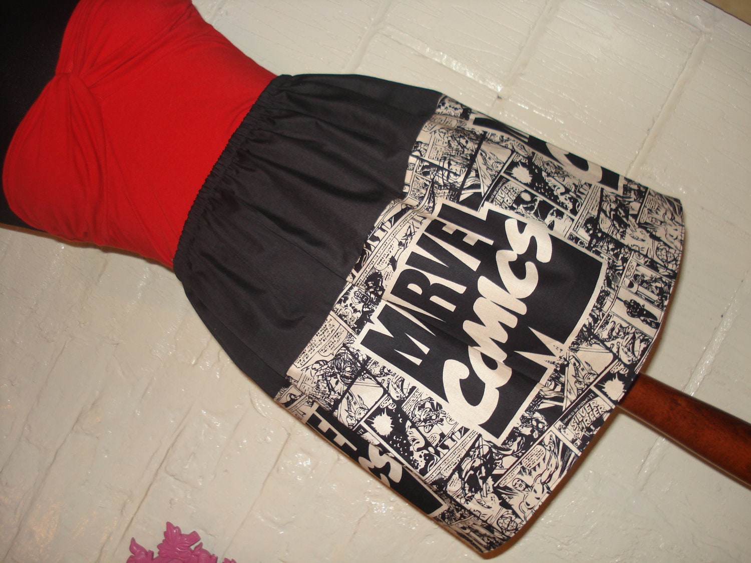 Large Marvel Logo Mini Skirt -  Neutral and Black  High Waisted Ladies Skirt - Handmade and Ready to Ship