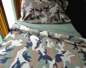 Children's Bedding Set for Boys & Girls  'Green Camoflauge' Handmade Fleece Sheets Fits Crib and Toddler Beds
