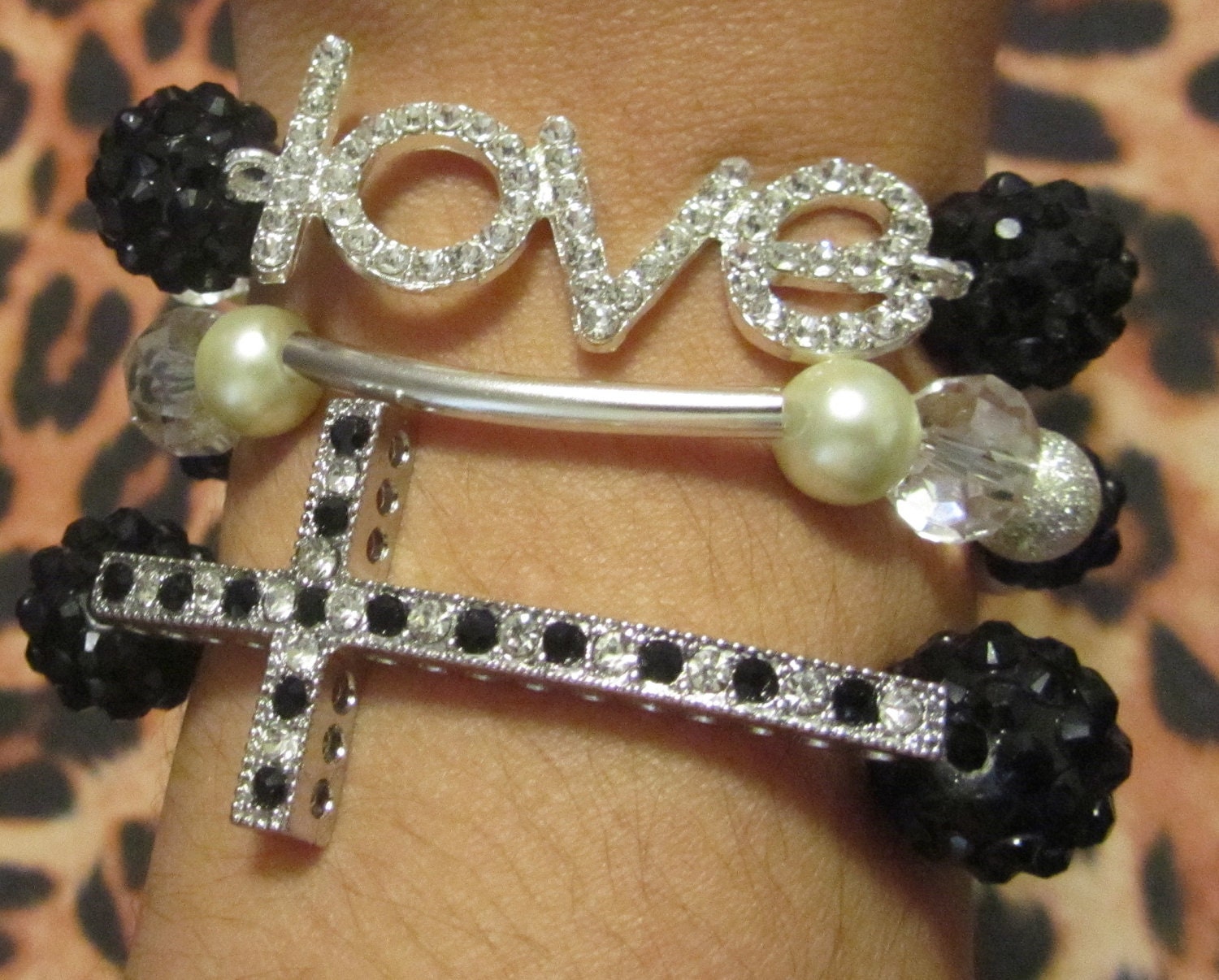 Sideways Cross Love Stretchy Stacked Beaded Bracelet Set Black White Shambala Beads
