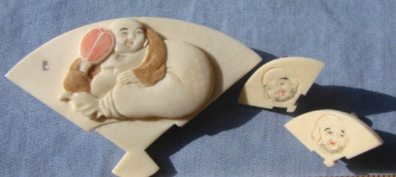 Rare Signed Antique Japanese Ivory Sterling Hotei Brooch and Earring Set SALE