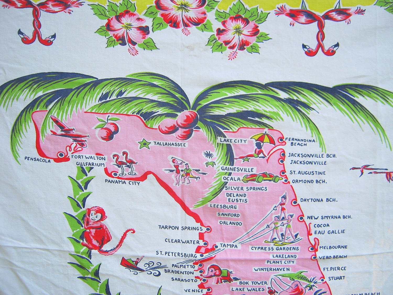Vintage Florida Tablecloth State Souvenir Pink Flamingos Hibiscus Table Linens Retro