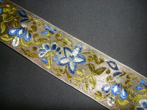 Blue and Gold Floral Jacquard Vintage Ribbon 2 yards