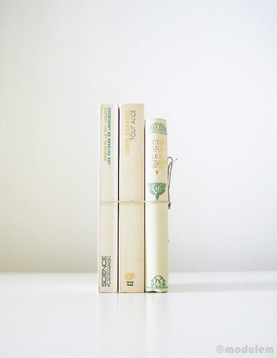 French Cream and Asparagus Instant Book Collection, vintage books, gilded, book bundle, green, ivory, beige, interior design - modulem