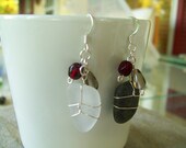 Beach Glass & Beach Stone Earrings with Garnet Red glass beads Lake Michigan beach glass and stone