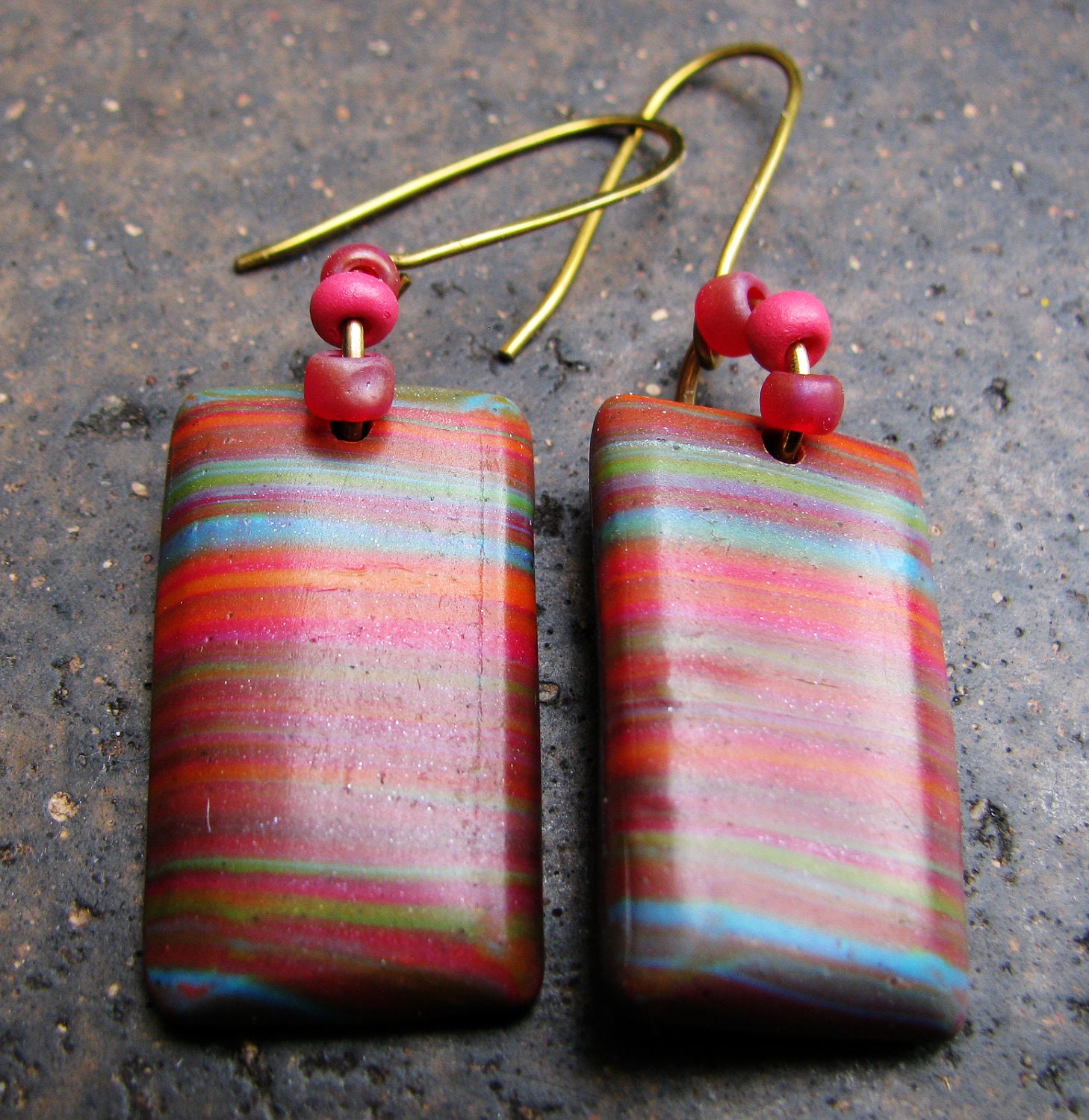 Sriped Polymer Clay Funky Beaded Earrings Red Pink Orange Green Blue