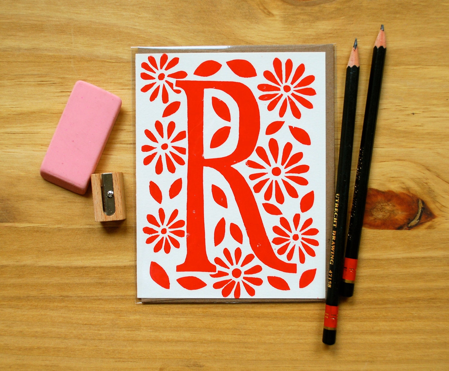 R - Single Hand Block Printed Monogram Card and Envelope
