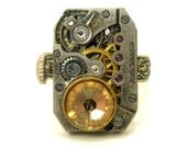 Steampunk Watch Movement Adjustable Ring with Gold Swarovski Crystal