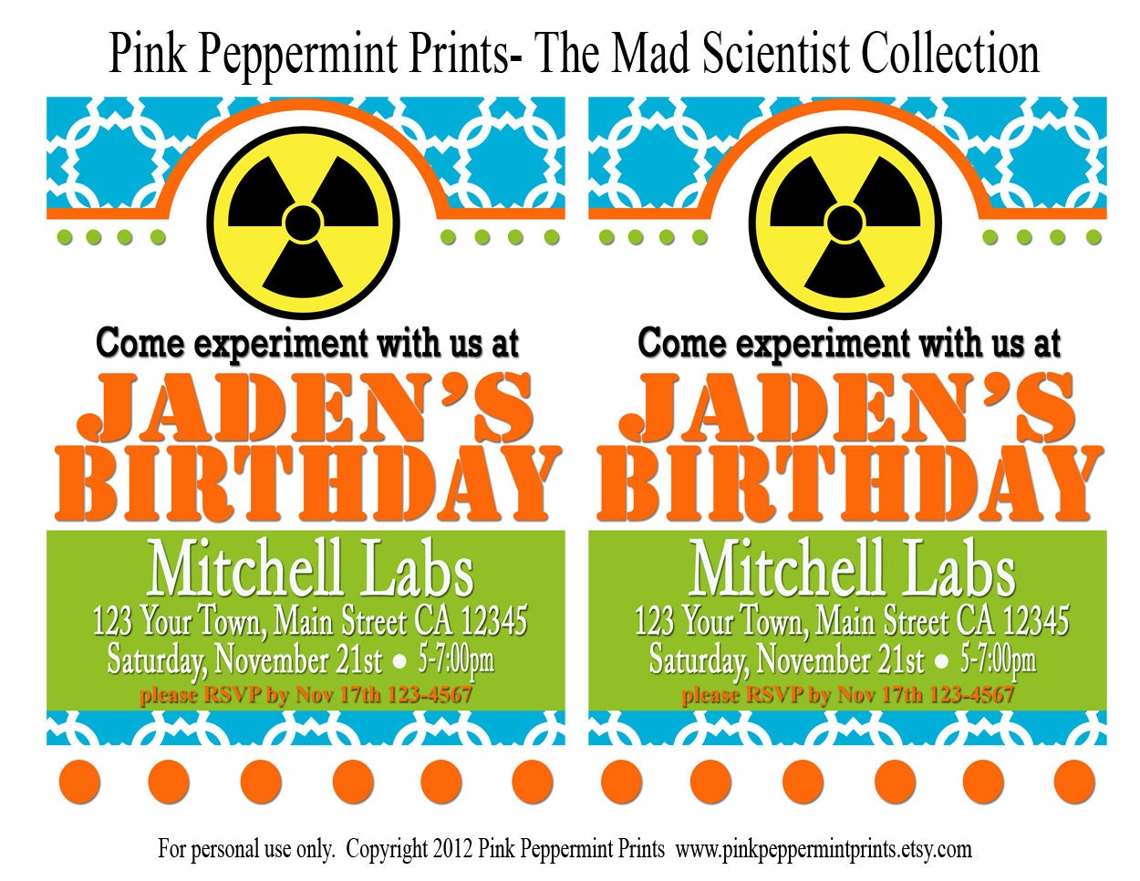 Printable Party Invitations- The Mad Scientist Birthday Party Printable Collection 5x7 Customized Printable Invitations