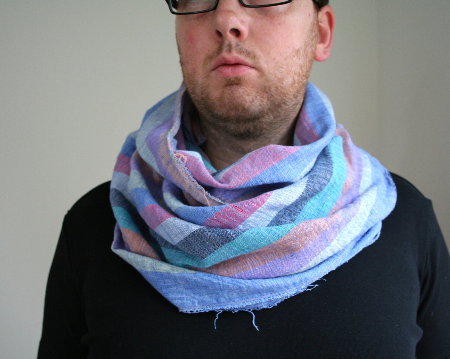Extra long scarf, chunky striped scarf from multicolor linen, men's scarf - blue gray green purple