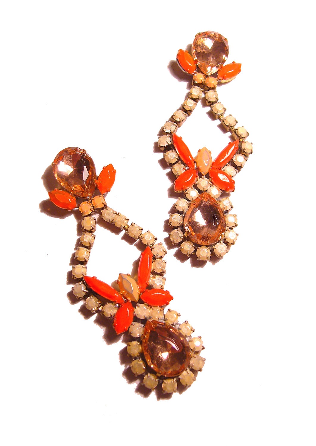 Statement One of a Kind Bridal (or not) Pastel/Nude Handpainted Vintage Rhinestone Earrings -  Tangerine Bliss (Ready to Ship)