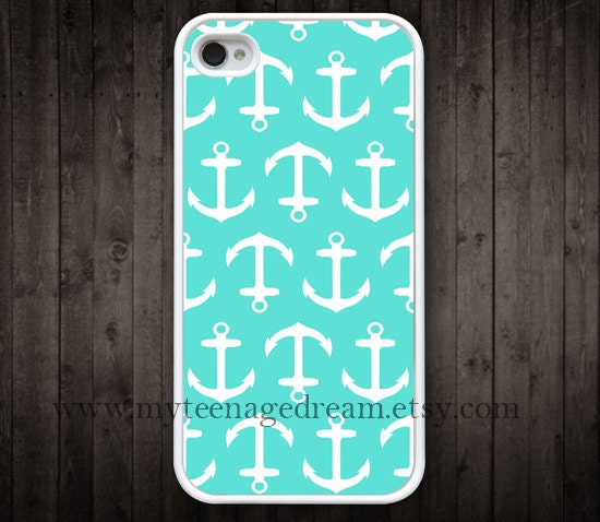 iPhone 4 Case, iphone 4s case, anchor mint green iphone 4 case, Nautical Anchor iphone 4 case, white iphone 4 case