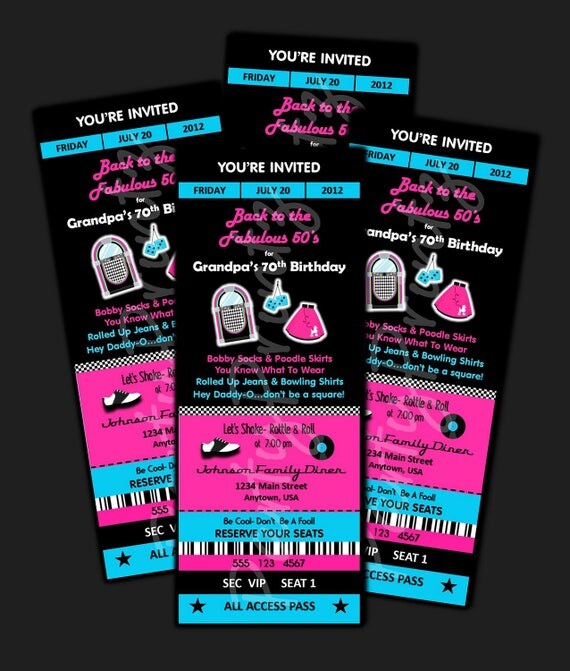 Printable - 50's Party - Ticket Invitations Custom Personalized Il_570xn