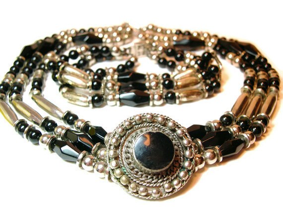 Vintage Necklace Onyx and Silver Beaded Choker and Bracelet 80's (73-4)