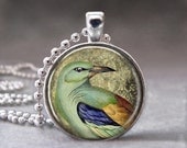 Vintage Bird, Altered Art Pendant, Photo Pendant, Glass Dome Pendant Necklace, no. 009-8