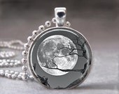 Tree under a Moon, Altered Art Pendant, Photo Pendant, Glass Dome Pendant with Ball Chain - no. 982-13