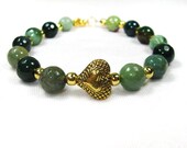 Beaded Bracelet - Green Agate Gems and Gold Beads Bracelet