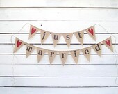 Just married burlap banner with red glittered hearts, lowercase