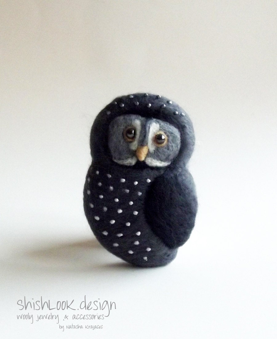 Great Grey Owl , Felted Brooch, Hand Felted Jewelry, Wool Owl, (MADE TO ORDER)