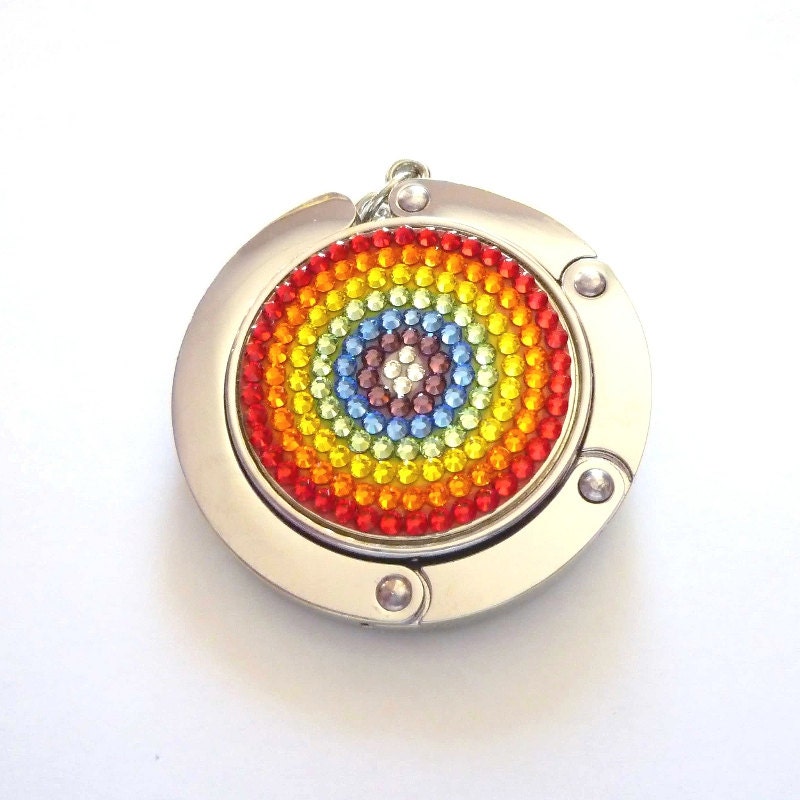Rainbow foldable bag hanger,  purse hook, bag holder made with Swarovski flatback crystals
