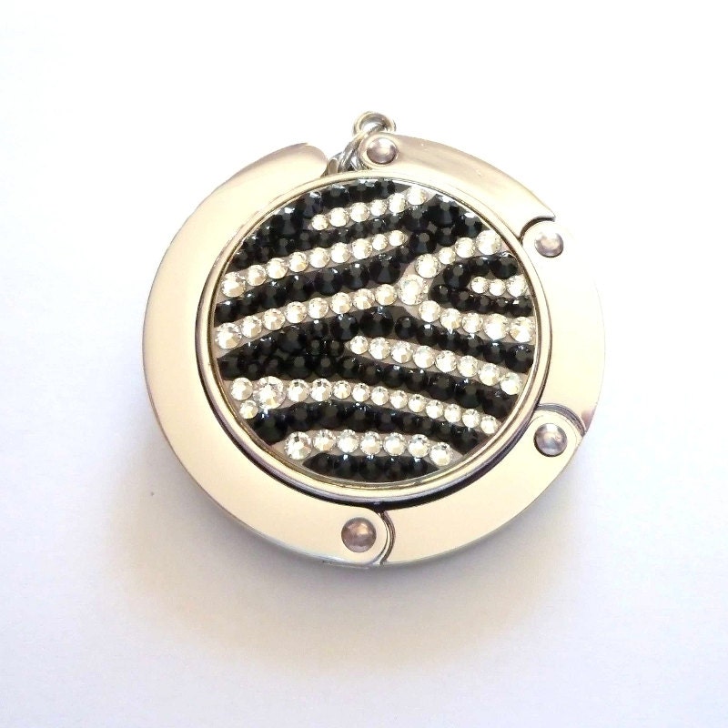 Zebra foldable bag hanger, purse hook, bag holder made with Swarovski flatback crystals - Black x Crystal