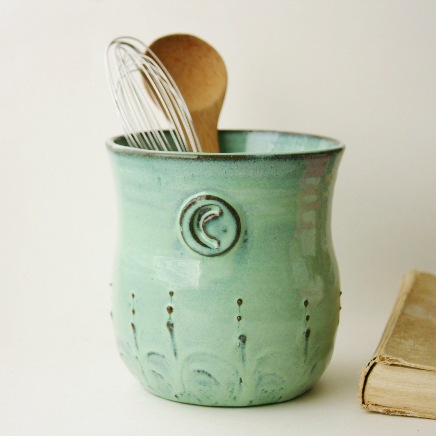 Monogram Kitchen Utensil Holder - Verdigris Sea -  Aqua Mist French Country Home Decor