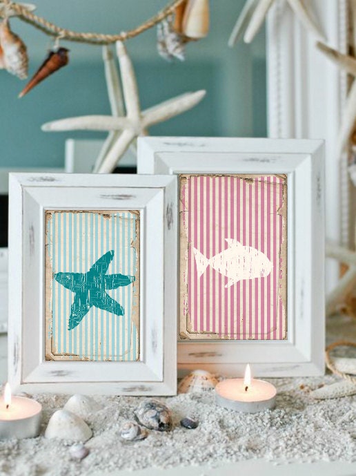 Coastal Art Print Stripes Beachhouse Weathered - crab, starfish, ship, turtle, fish, anchor, ship wheel - Printable Artwork