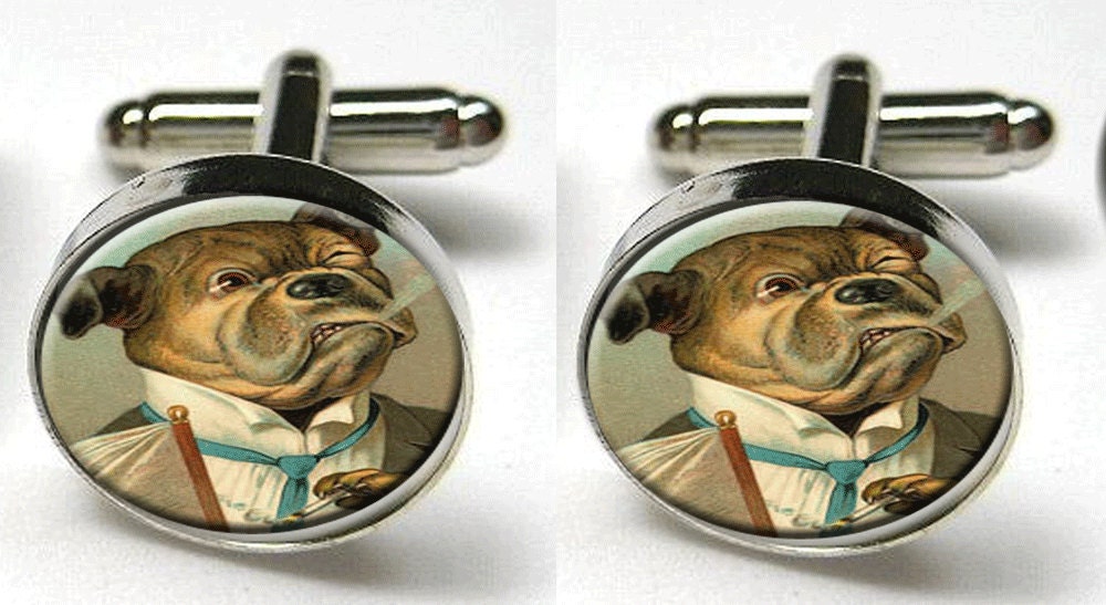 Silver Bezel Cufflinks Glass Round Dapper Smoking Bulldog Wedding Groom