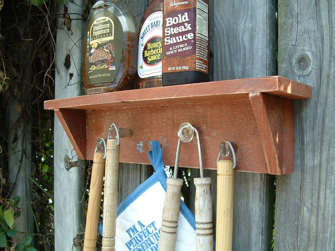 Rustic Wooden Grilling Rack,  Necklace Organizer, Wall Shelf with Vintage Bottle Stoppers